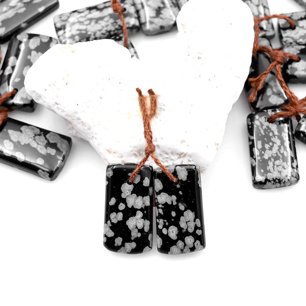 Drilled Natural Snowflake Obsidian Earring Pair Matched Rectangle Gemstone Cabochon Beads 20mm