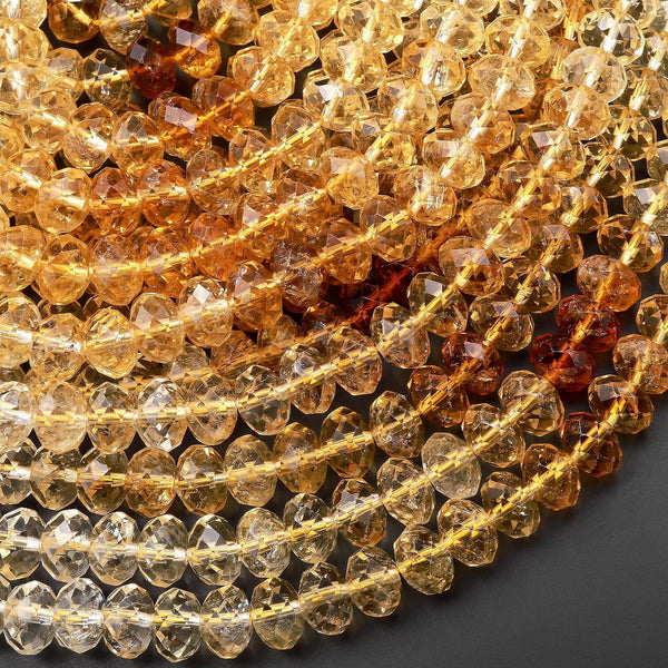 AAA Faceted Natural Golden Yellow Citrine Rondelle Beads 6mm 8mm Graduated Ombre Colors 15.5" Strand