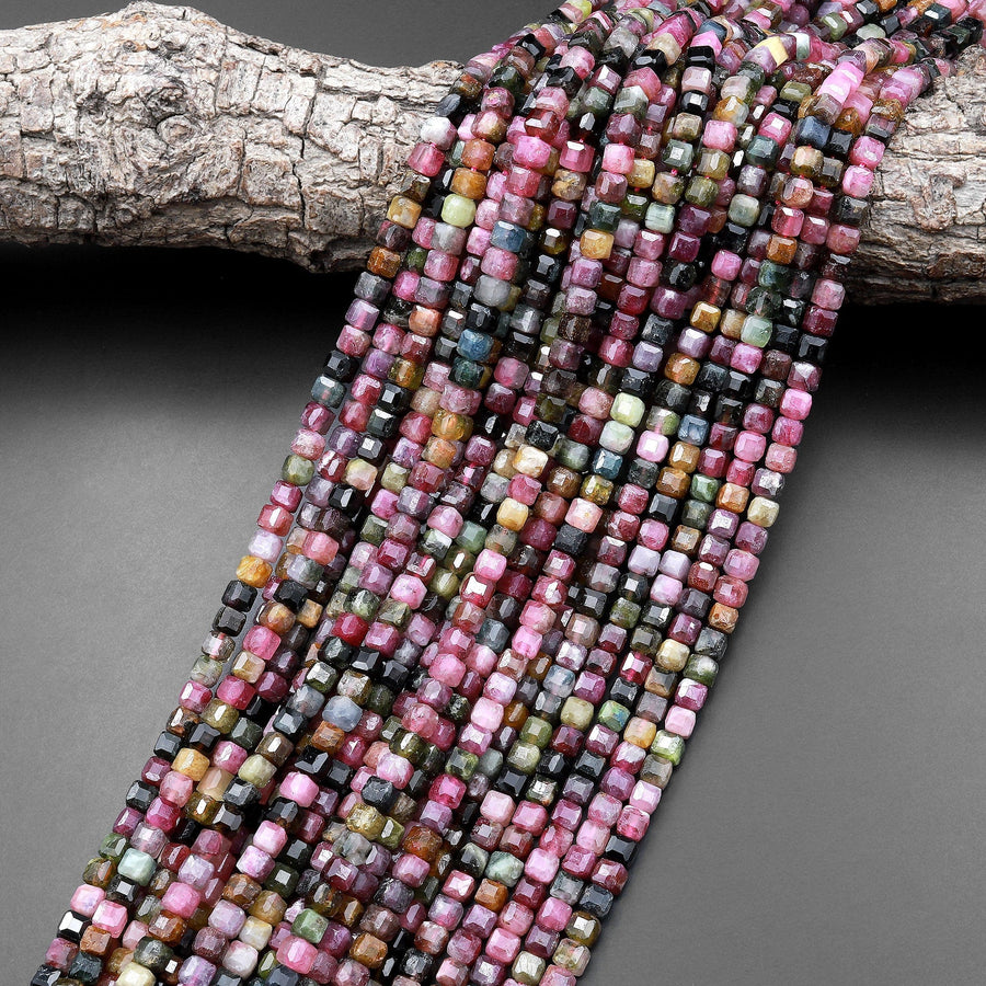 Natural Tourmaline Faceted 4mm Cube Square Dice Beads Cognac Pink Green Gemstone 15.5" Strand