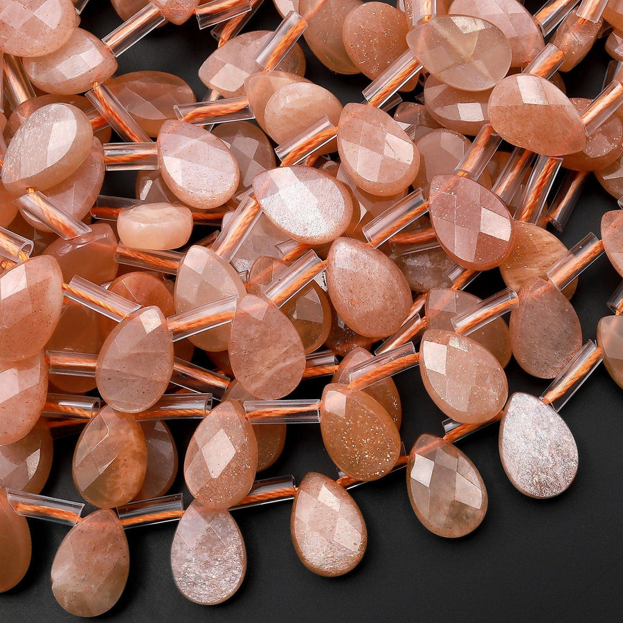 Natural Silvery Peach Moonstone Faceted Flat Teardrop Beads Good for Earrings 15.5" Strand