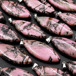 Natural Pink Black Rhodonite Long Leaf Marquise Pendant Natural Crystal Focal Bead