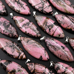 Natural Pink Black Rhodonite Long Leaf Marquise Pendant Natural Crystal Focal Bead