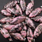 Natural Pink Black Rhodonite Long Leaf Marquise Pendant Natural Crystal Focal Bead