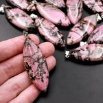 Natural Pink Black Rhodonite Long Leaf Marquise Pendant Natural Crystal Focal Bead