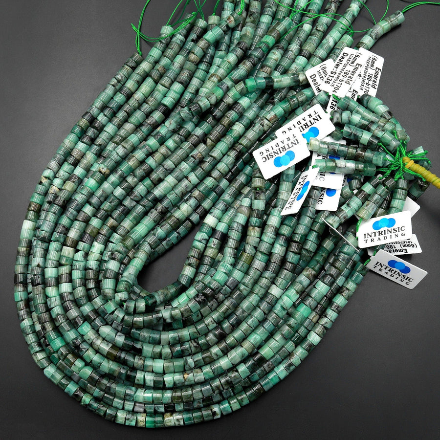 Real Genuine 100% Natural Green Emerald 6mm 8mm Smooth Heishi Beads Gemstone May Birthstone 15.5" Strand