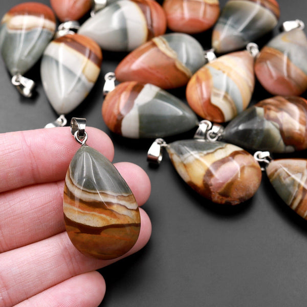 Natural Polychrome Jasper Aka Landscape Ocean Jasper Pendant Smooth Teardrop Vibrant Slate Blue Grand Canyon Red Stone