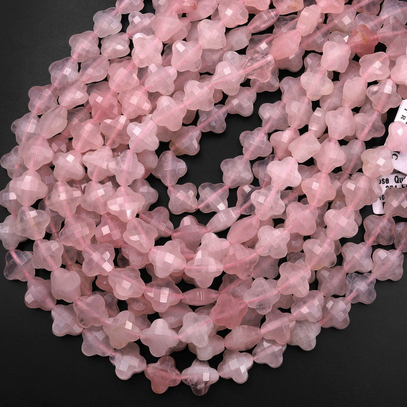 4 Four Leaf Clover Beads Natural Pink Rose Quartz Carved Faceted Flower Gemstone 15.5" Strand