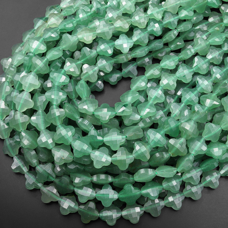 4 Four Leaf Clover Beads Natural Green Aventurine Carved Faceted Flower Gemstone 15.5" Strand