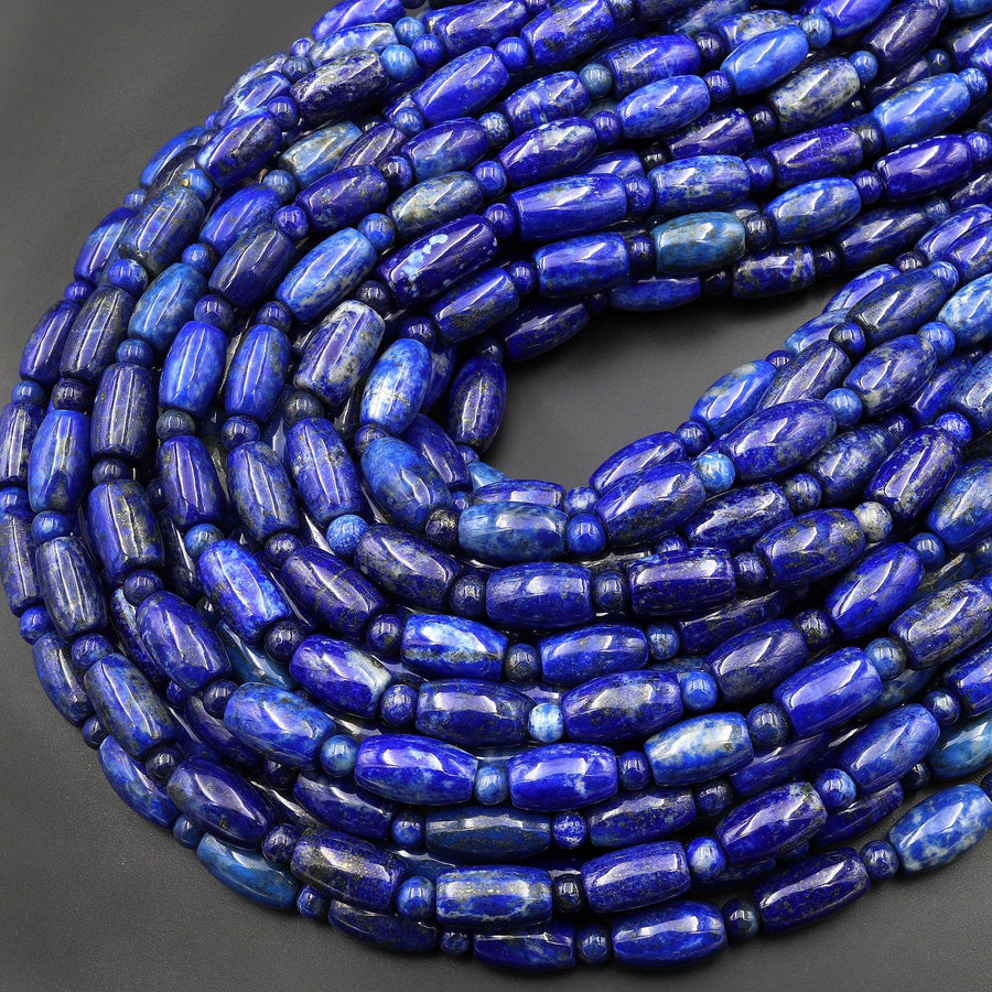 Natural Blue Lapis Drum Barrel Drum Beads With Pyrite Calcite Matrix 15.5" Strand