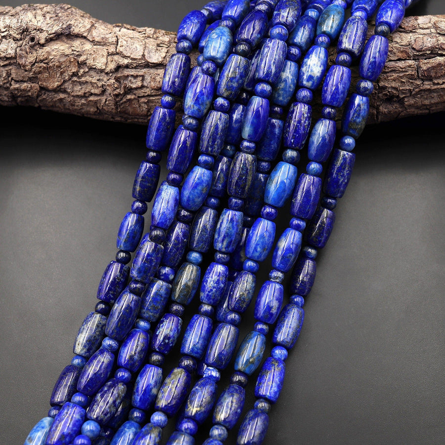 Natural Blue Lapis Drum Barrel Drum Beads With Pyrite Calcite Matrix 15.5" Strand