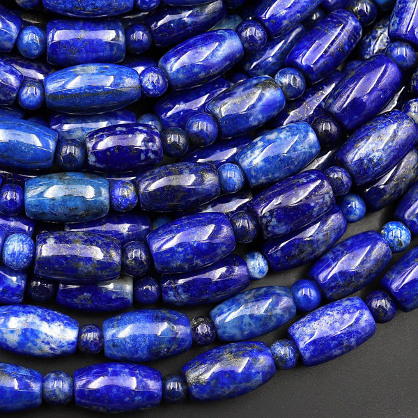 Natural Blue Lapis Drum Barrel Drum Beads With Pyrite Calcite Matrix 15.5" Strand