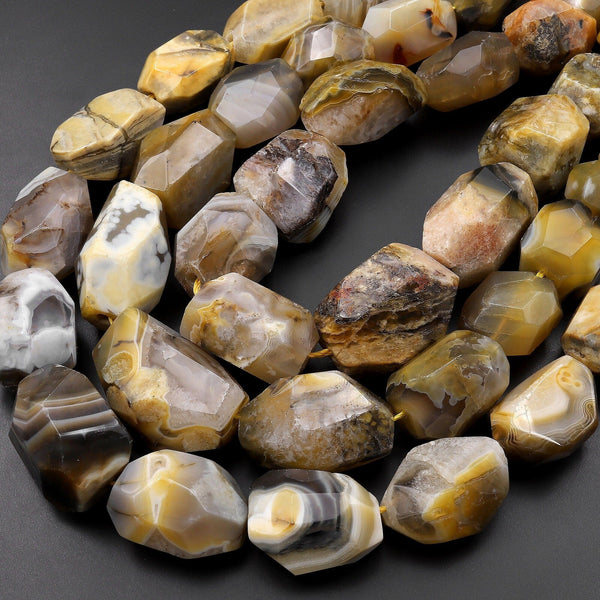 Large Faceted Natural Gray Yellow Botswana Agate Chunky Nugget Beads 15.5" Strand