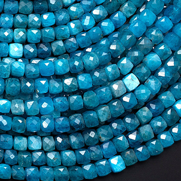 AAA Natural Teal Blue Apatite Faceted 4mm Cube Beads Gemstone Dice 15.5" Strand