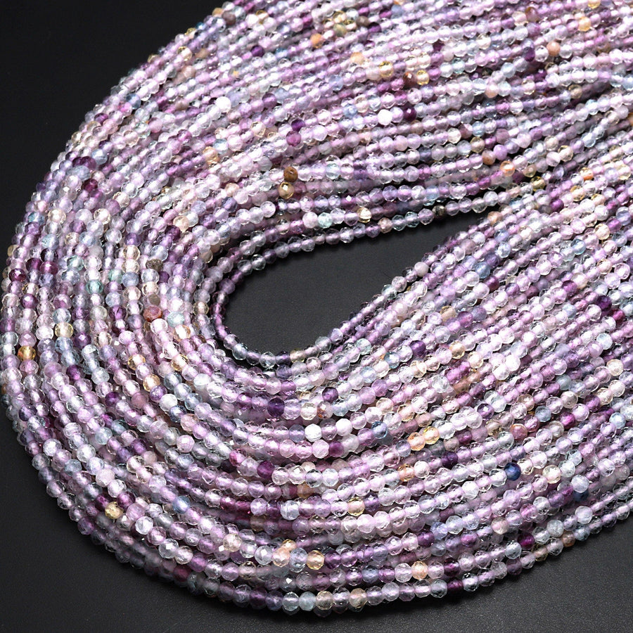 Natural Fluorite Faceted 2mm Round Beads Micro Laser Cut Purple Pink Gemstone Bead 15.5" Strand