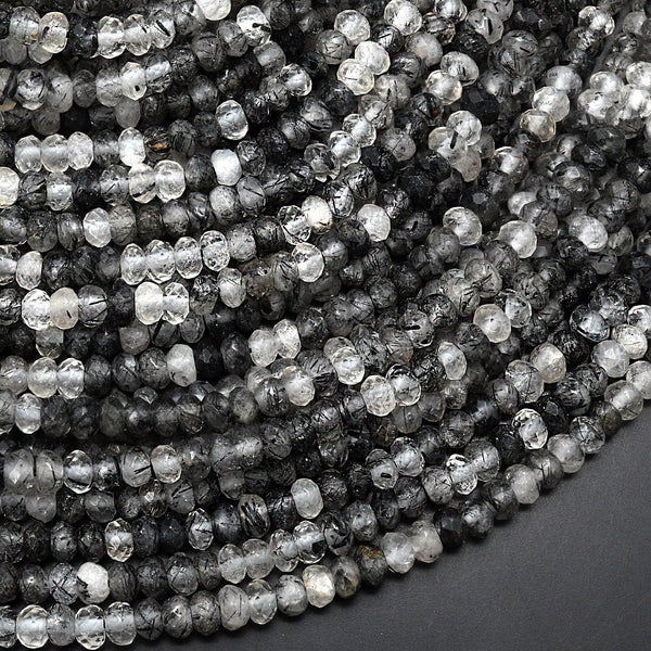 Natural Black Tourmaline Rutilated Rutile Quartz 4mm Faceted Rondelle Beads Gemstone 15.5" Strand