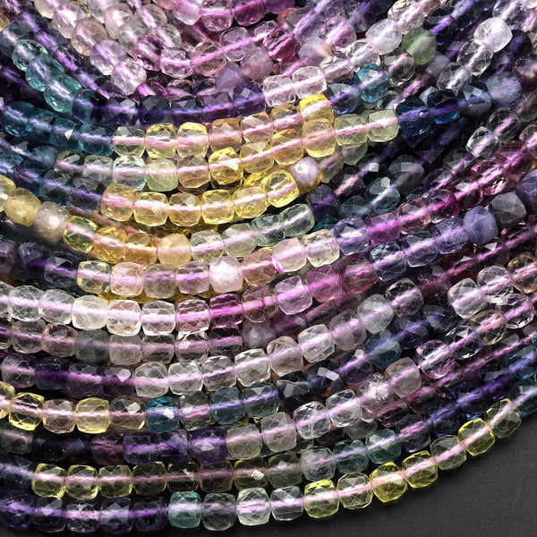 AAA Natural Fluorite Faceted 4mm Cube Square Beads Colorful Rainbow Purple Blue Pink Green Yellow Gemstone 15.5" Strand