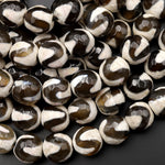 Tibetan Agate 10mm Round Beads Dzi Agate Brown Etched Line Ring Mala Antique Boho Beads 15.5" Strand