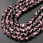 Tibetan Agate 10mm Round Beads Dzi Agate Pink Etched Line Ring Mala Antique Boho Beads 15.5" Strand