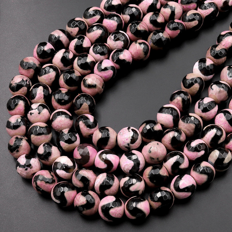 Tibetan Agate 10mm Round Beads Dzi Agate Pink Etched Line Ring Mala Antique Boho Beads 15.5" Strand