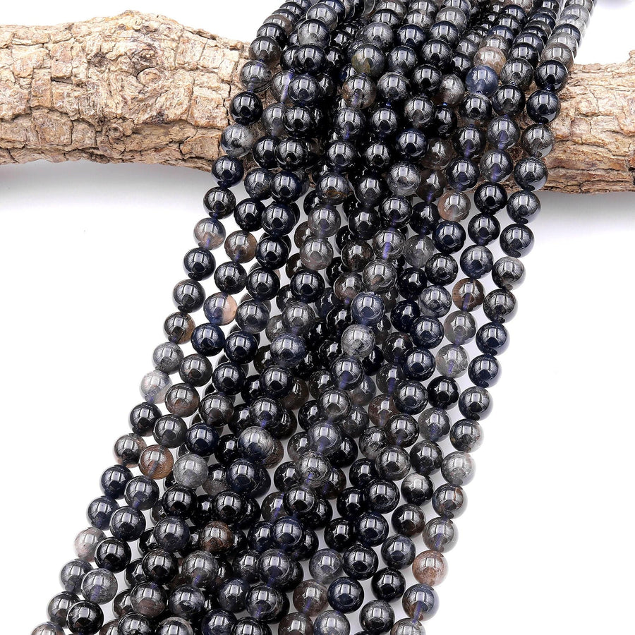 Rare Rare Natural Black Blue Rutilated Quartz 6mm 8mm 10mm 12mm 14mm Round Beads From Madagascar 15.5" Strand