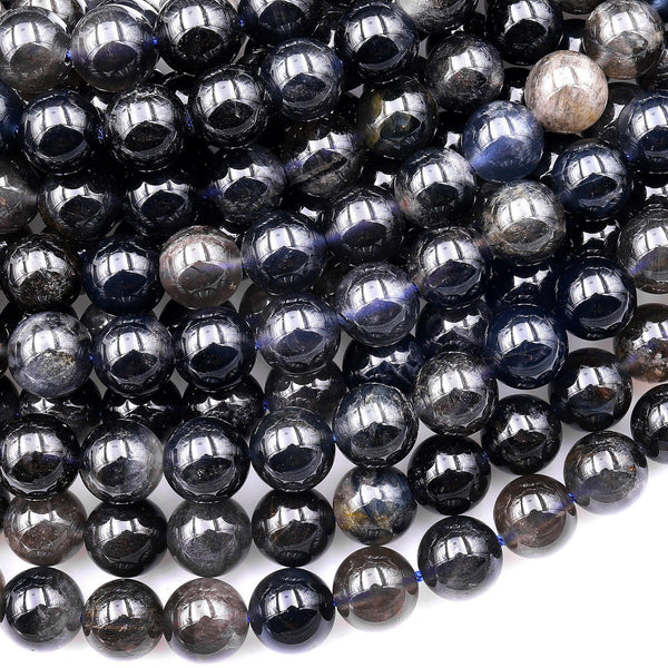 Rare Rare Natural Black Blue Rutilated Quartz 6mm 8mm 10mm 12mm 14mm Round Beads From Madagascar 15.5" Strand