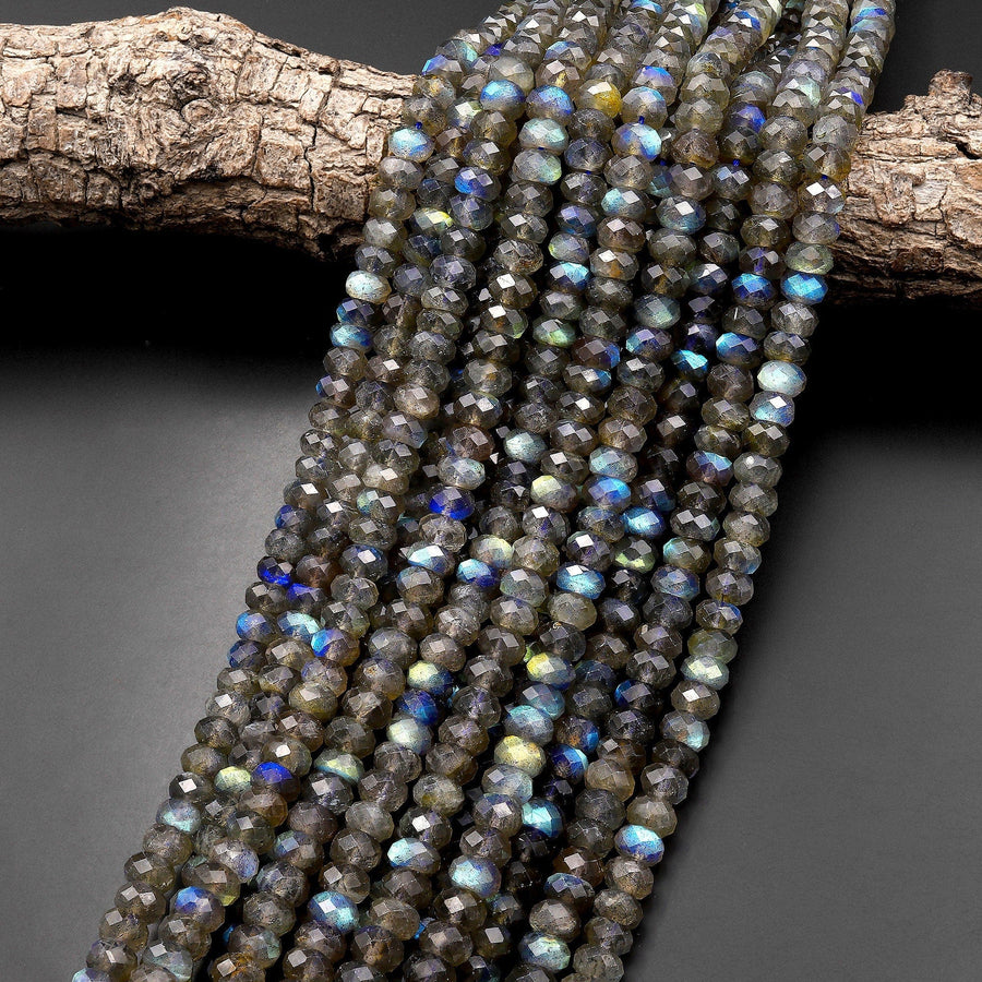 AAA Faceted Labradorite Rondelle Beads 8mm Brilliant Rainbow Blue Flashes Fire Diamond Cut 15.5" Strand