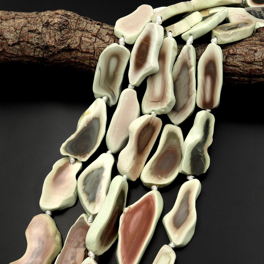 Long Natural Mexican Imperial Jasper Beads Freeform Nodule Flat Slice Colorful Creamy Red Pink Green Mauve Blue Multicolor 15.5" Strand