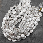Large Natural White Coin Oval Pearl Iridescent High Quality Real Genuine Freshwater Pearls 15.5" Strand
