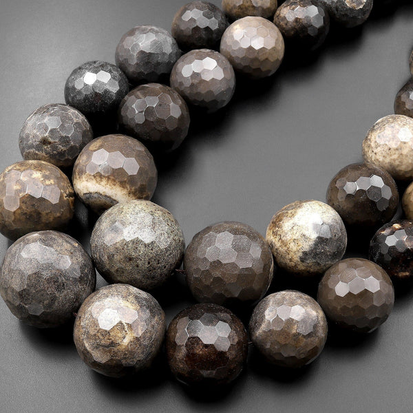 Faceted Natural Gray Sheep Skin Jasper Round Beads Large Graduated Gemstone 15.5" Strand