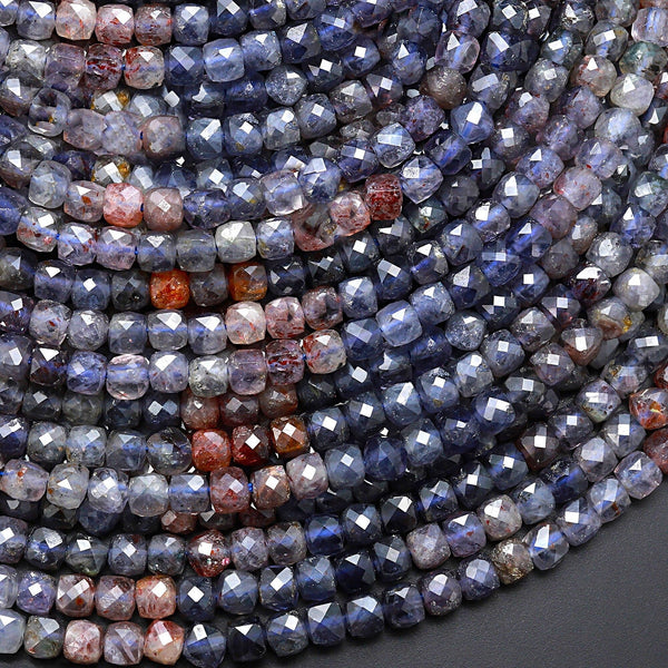 Rare Natural Sunstone Iolite Faceted 4mm Cube Beads 15.5" Strand