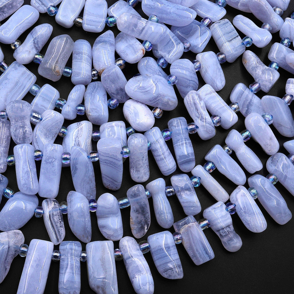 Freeform Natural Blue Lace Agate Spike Slice Beads Side Drilled Freeform Rectangle 15.5" Strand