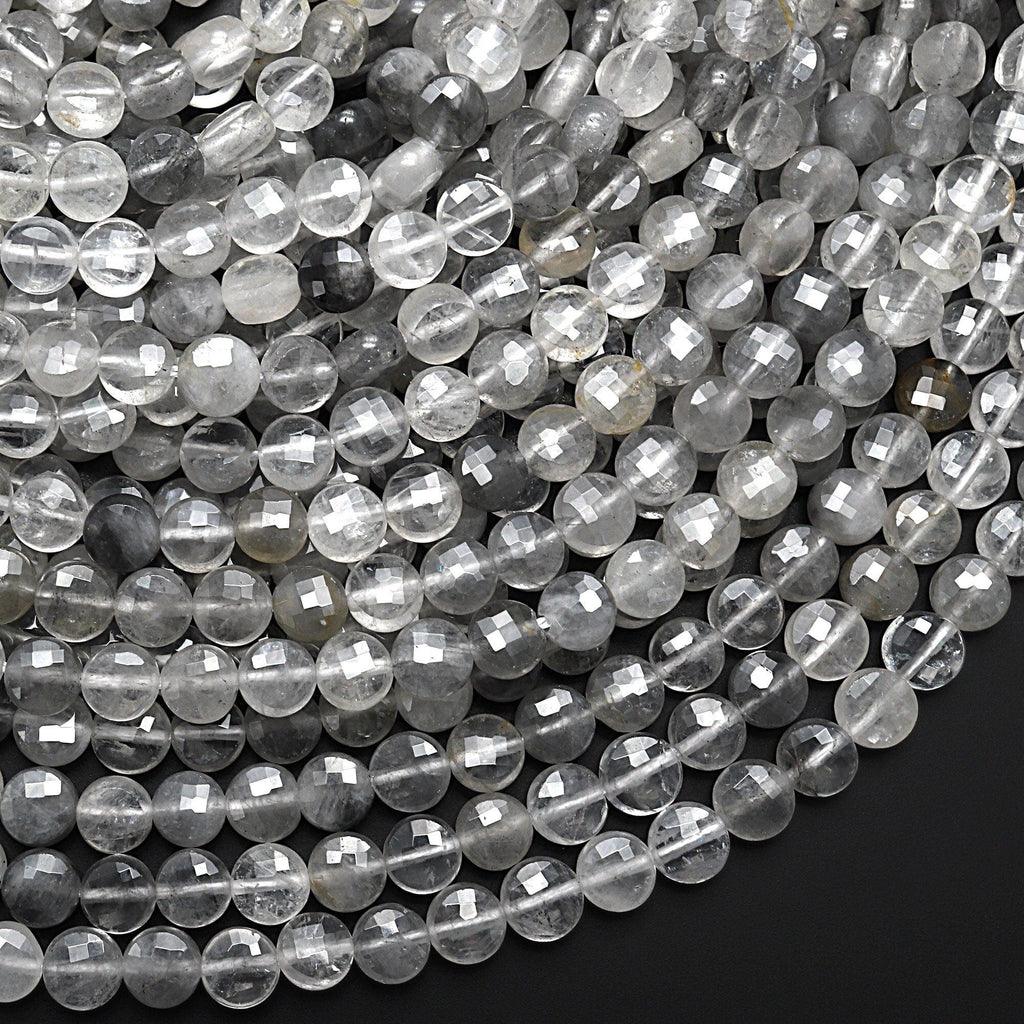 Faceted Natural Cloudy Quartz Coin 4mm 6mm 8mmBeads 15.5" Strand