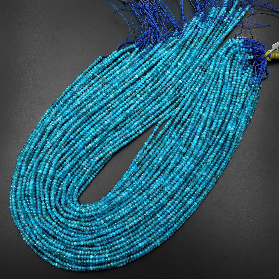 AAA Faceted Natural Blue Apatite 3mm Rondelle Beads Micro Diamond Cut Gemstone 15.5" Strand