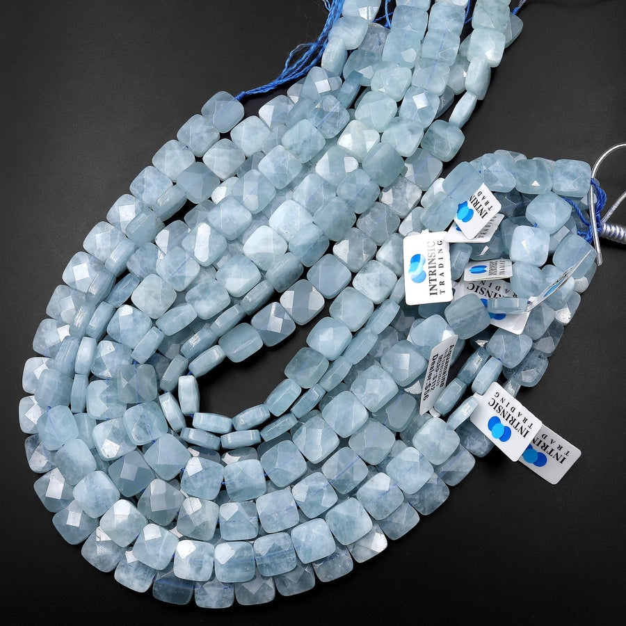 Natural Soft Blue Aquamarine Beads Faceted 12mm Square Beads 15.5" Strand