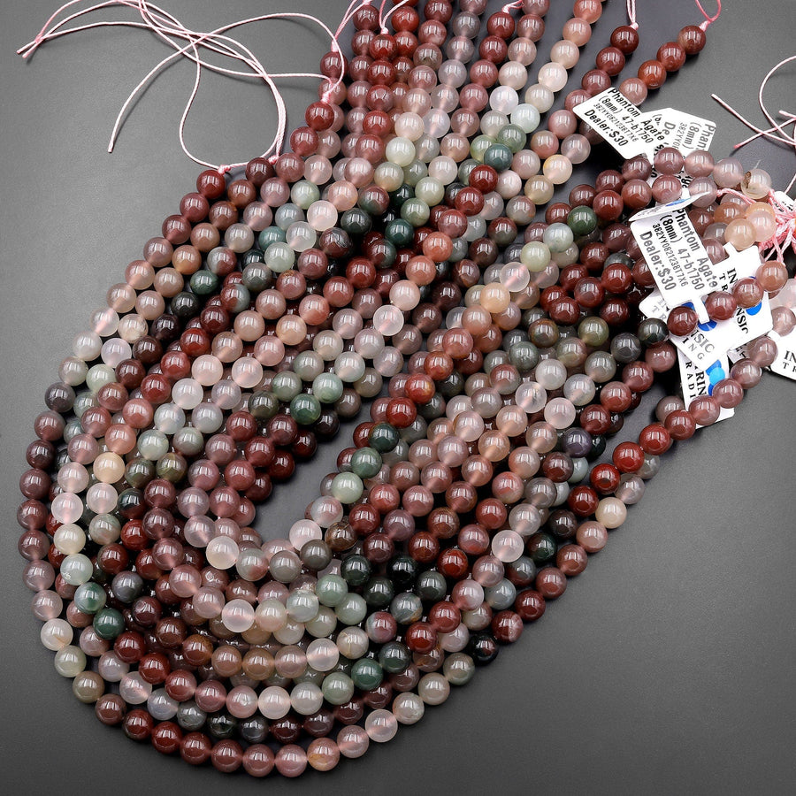 Natural African Phantom Agate 8mm Round Beads Translucent Mauve Red Pink Green Agate 15.5" Strand