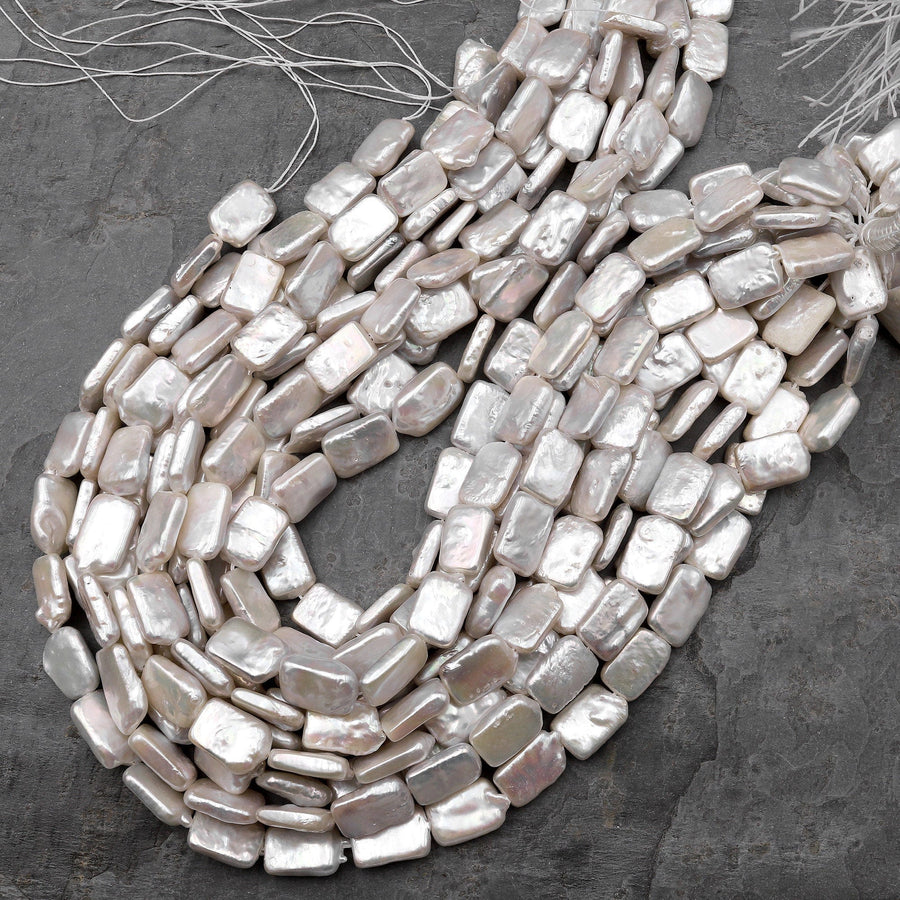 AAA Large Natural White Biwa Rectangle Pearl Freshwater Good for Earrings 15.5" Strand
