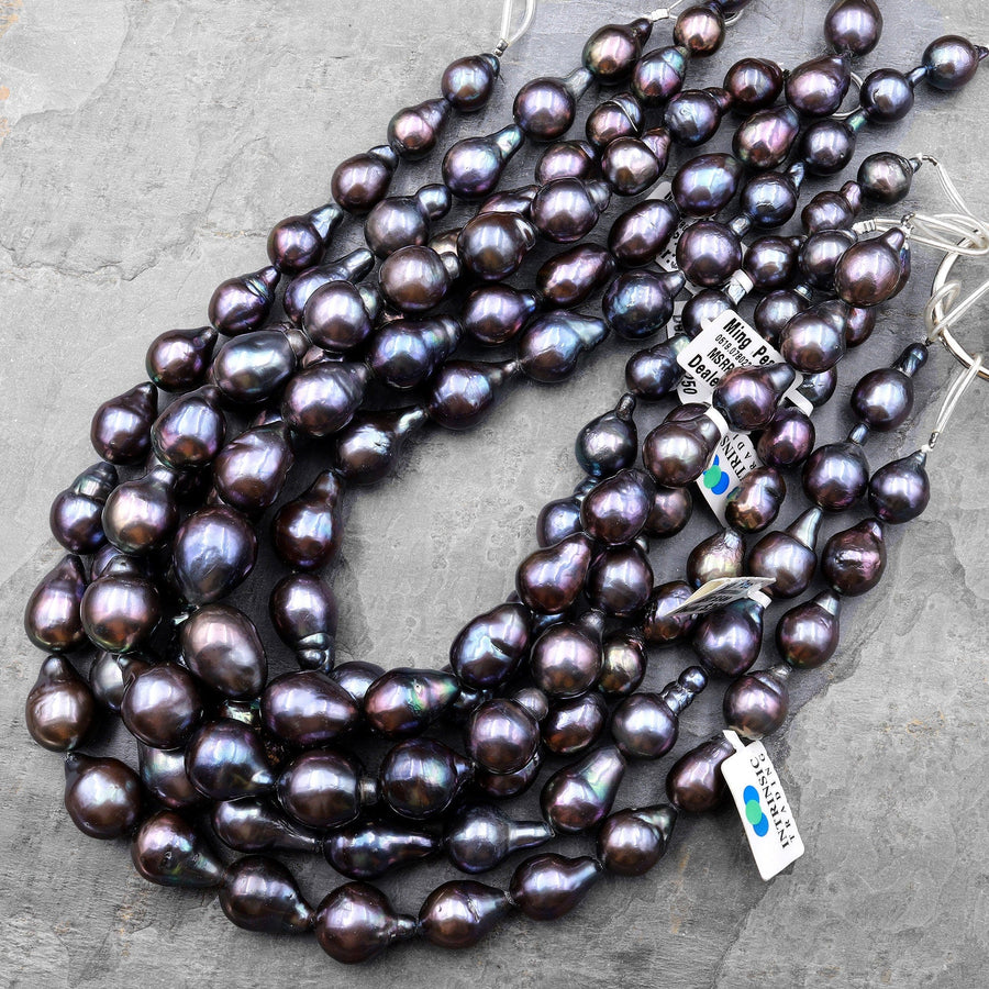 AAA Large Genuine Black Edison Freshwater Pearl Iridescent High Luster Pearl Aka Baroque Flame Ball 15.5" Strand