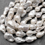 AAA Large Genuine White Edison Freshwater Pearl Iridescent High Luster Pearl Aka Baroque Flame Ball 15.5" Strand
