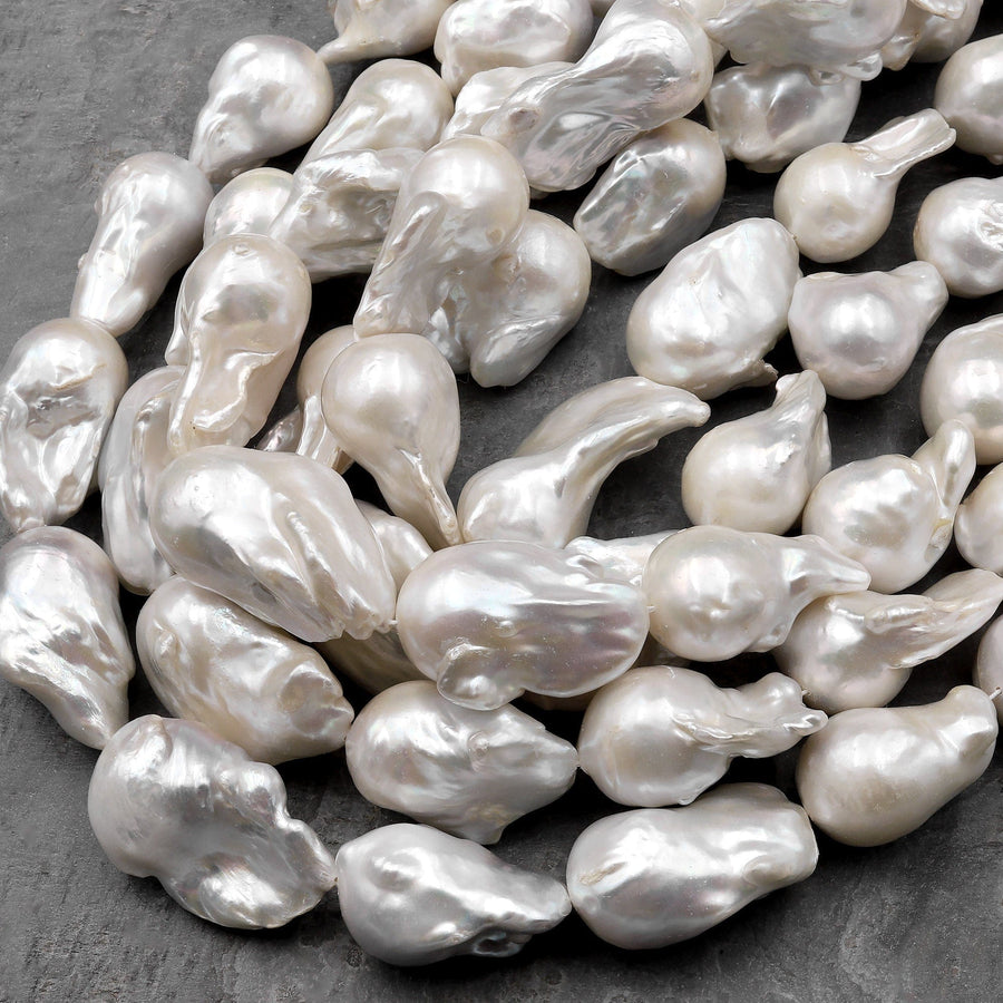 AAA Large Genuine White Edison Freshwater Pearl Iridescent High Luster Pearl Aka Baroque Flame Ball 15.5" Strand