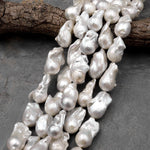 AAA Large Genuine White Edison Freshwater Pearl Iridescent High Luster Pearl Aka Baroque Flame Ball 15.5" Strand