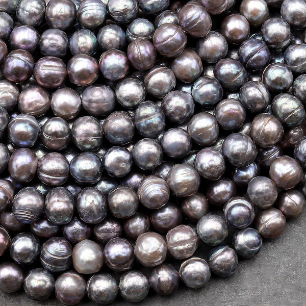 Faceted Pearls Stormy Gray Freshwater Pearl 7mm Round Shimmery Iridescent Beads 15.5" Strand