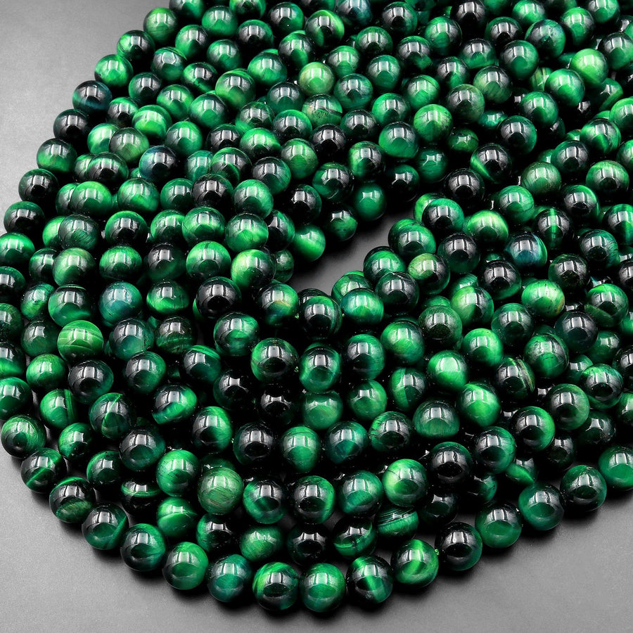 AAA Mystic Malachite Green Tiger's Eye 6mm 8mm 10mm Smooth Round Beads 15.5" Strand