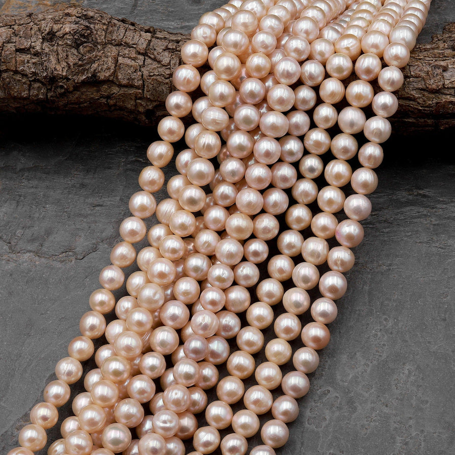Genuine Natural Peach Freshwater Pearl 9mm 10mm Round Shimmery Iridescent Classic Pearl 15.5" Strand