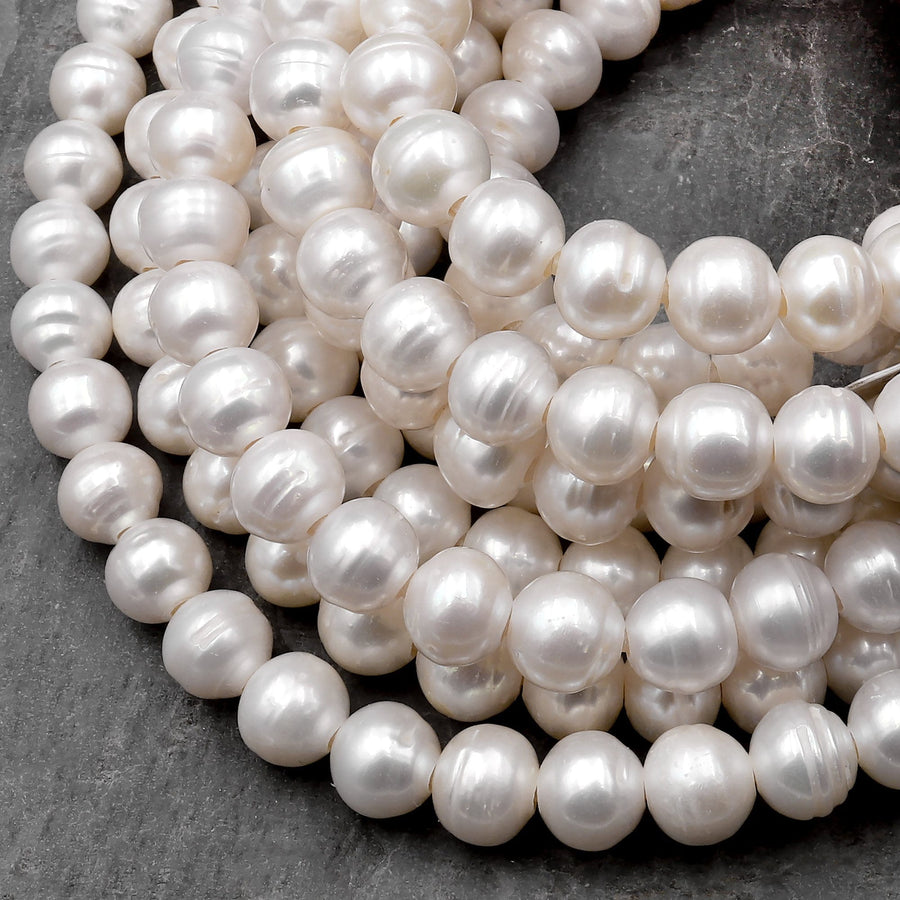 Large Hole Pearls Beads Genuine White Freshwater Pearl 8mm 9mm Round Big 2mm Hole 8" Strand