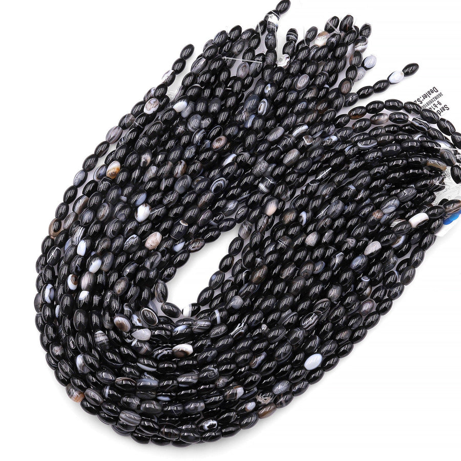 Natural Black Sardonyx Agate Drum Barrel Rice Beads 15.5" Strand