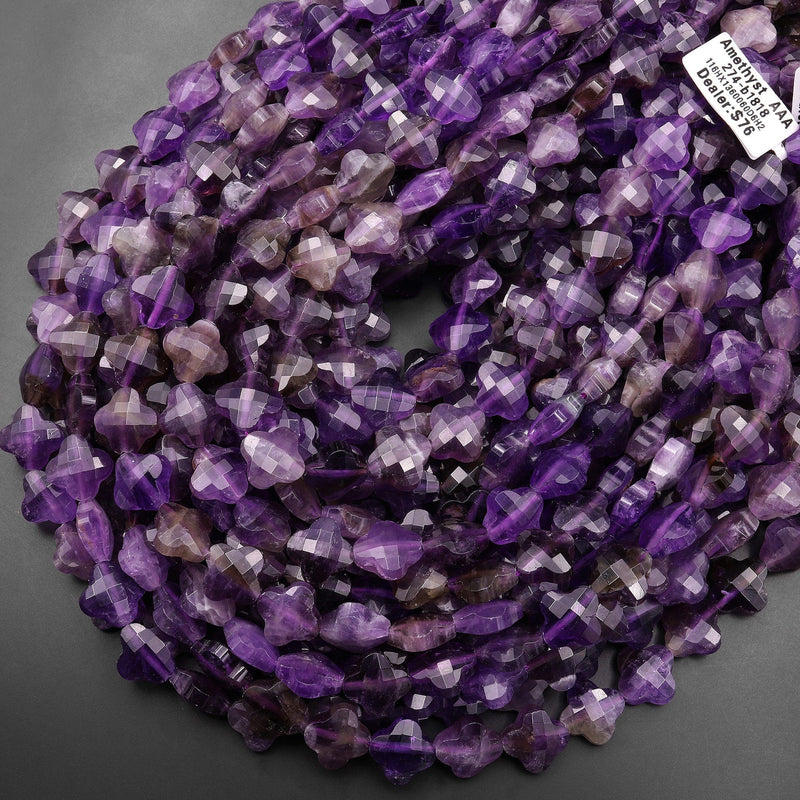 4 Four Leaf Clover Beads Natural Purple Amethyst Carved Faceted Flower Gemstone 15.5" Strand