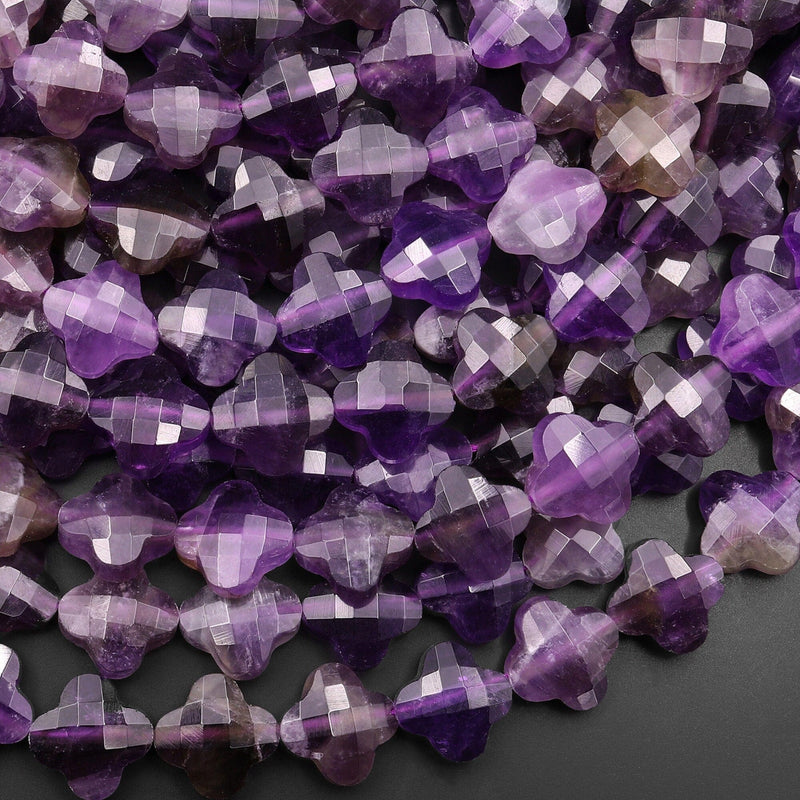 4 Four Leaf Clover Beads Natural Purple Amethyst Carved Faceted Flower Gemstone 15.5" Strand