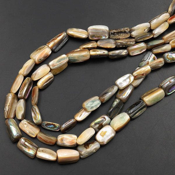 Rare Natural Orange Abalone Shell Beads Thin Rectangle Tube Nugget Iridescent Rainbow Flash 15.5" Strand
