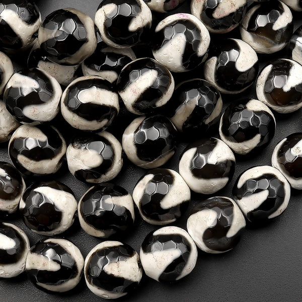 Tibetan Agate 8mm 10mm Round Beads Dzi Agate Black White Etched Line Ring Mala Antique Boho Beads 15.5" Strand