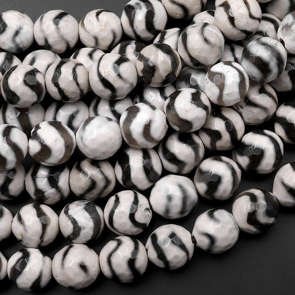 Tibetan Agate 8mm Round Beads Dzi Agate Black Zebra Etched Line Ring Mala Antique Boho Beads 15.5" Strand